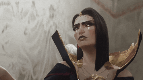 a woman in a black and gold costume with a tear running down her face
