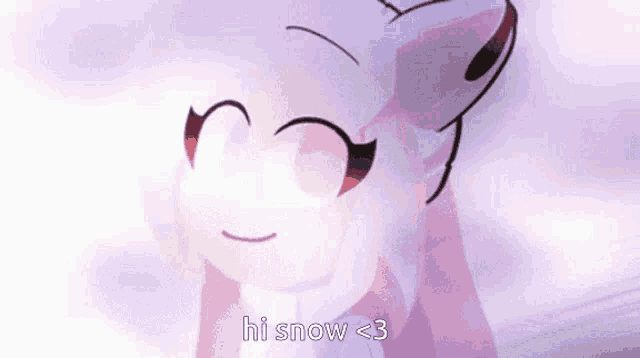 a cartoon character says hi snow < 3 in a pink background