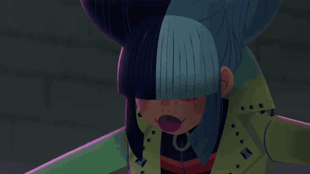 a cartoon drawing of a girl with blue hair and a choker around her neck
