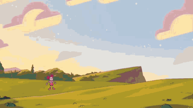 a cartoon character with a pink jacket and a blue shirt is holding a sword .