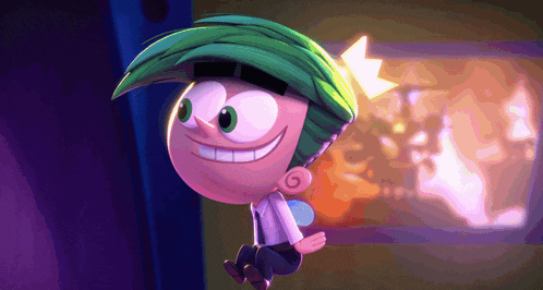 a cartoon character with green hair is smiling