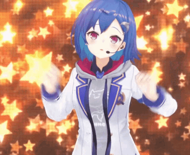 a girl with blue hair and red eyes is wearing a jacket that says ' nmo ' on it