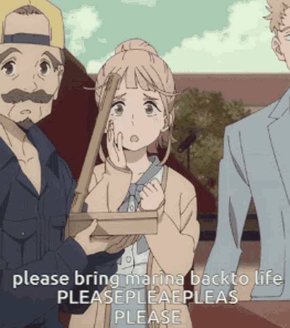 a girl with pink hair is holding a wooden box and a man with a mustache is holding a wooden stick