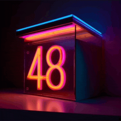 a neon sign with the number 48 on it is lit up in a dark room .