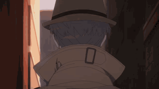 a man wearing a hat and a trench coat has the number 0 on the collar