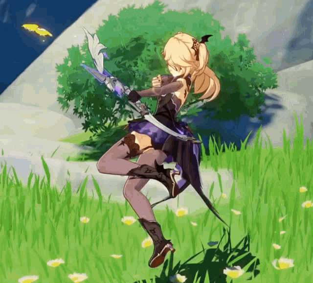 a girl in a video game is holding a sword in her right hand