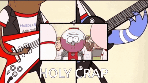 a cartoon of mordecai and the regular show band with holy crap written on the bottom