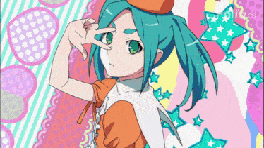a girl with blue hair and green eyes is standing in front of a colorful background
