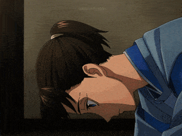 a drawing of a man with a ponytail and a blue shirt with the word tumblr on the bottom right corner