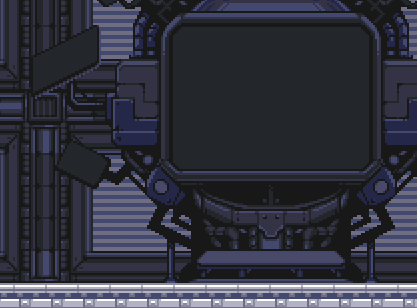 a pixel art drawing of a robot and a screen that says ' i ' on it