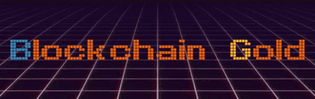 the words blockchain gold are displayed on a neon grid