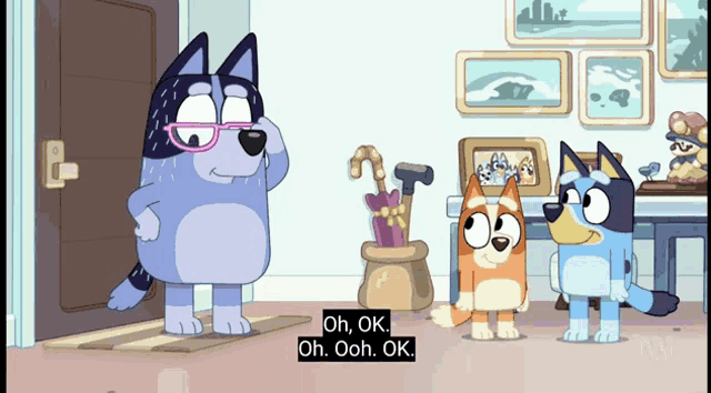a cartoon dog with glasses and a cane says oh ok