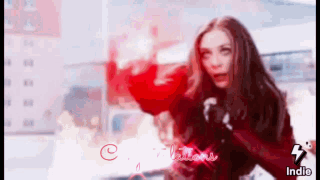 a woman in a red jacket with the words congratulations on the bottom left
