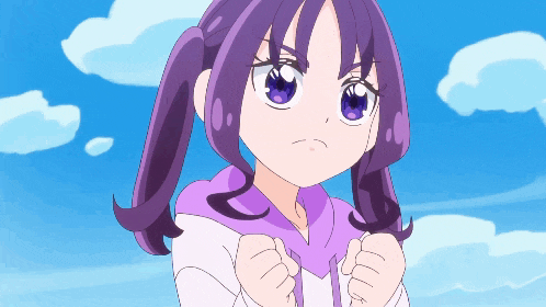 a girl with purple hair and blue eyes is standing in front of a blue sky with clouds