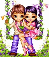 a boy and a girl are sitting on a swing with grapes in the background .
