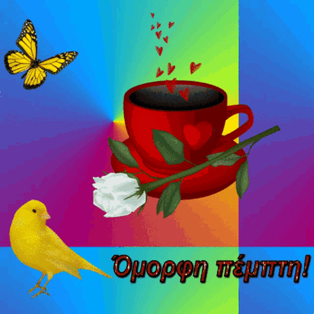 a yellow bird sits next to a cup of coffee and a white rose
