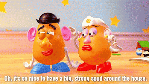 mr. potato head and mrs. potato head from toy story are standing next to each other