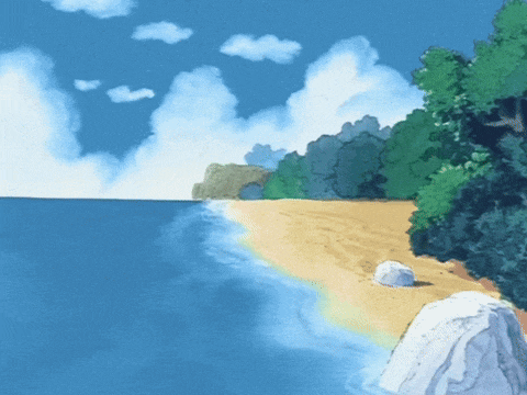 a painting of a beach with trees and a rock in the foreground