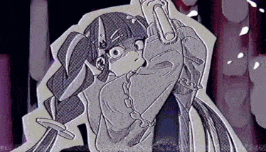 a black and white drawing of a girl holding a microphone in her hand