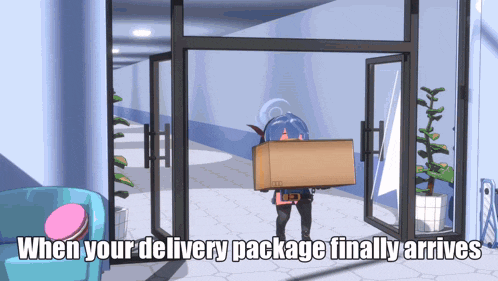 a cartoon of a girl carrying a cardboard box with the words when your delivery package finally arrives