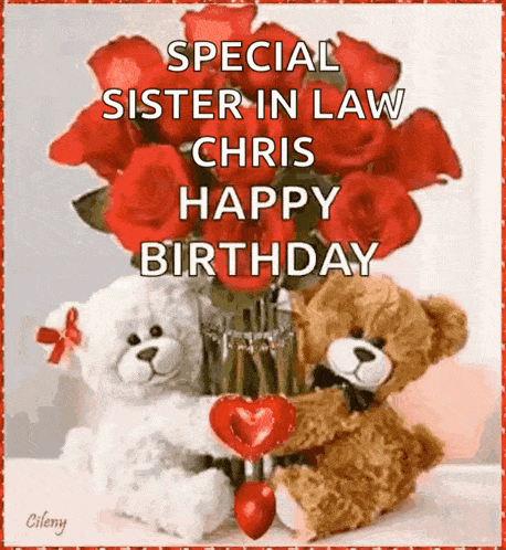 two teddy bears are sitting next to a vase of red roses and a heart .