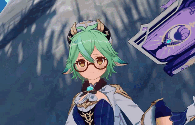 a cartoon character with green hair and glasses
