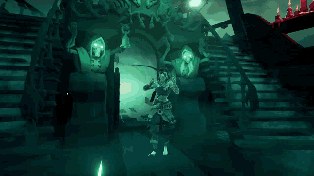a person in a video game is standing in front of a gate