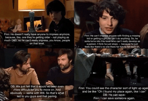 a group of people are sitting around a table and one of them is talking to finn