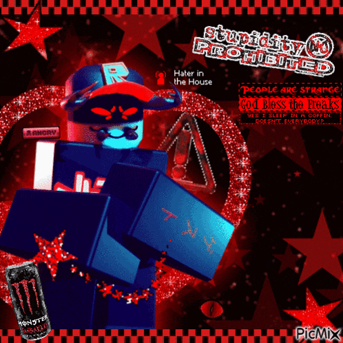a picture of a roblox character with a monster energy drink in the foreground
