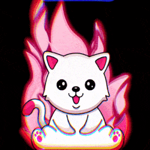 a white cat with pink ears and a pink tail is surrounded by pink flames