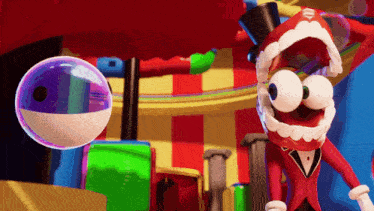 a cartoon character wearing a top hat and a tuxedo stands next to a bubble