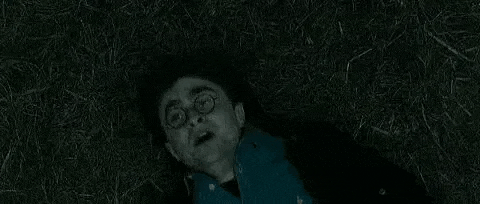 harry potter is laying on the ground with his eyes closed .
