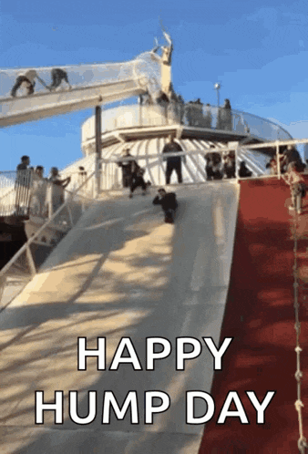 a happy hump day greeting card with a slide and people on it