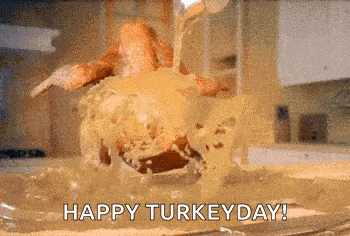 a turkey is being poured into a pan of gravy with the words `` happy turkey day '' .