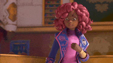 a cartoon girl with pink hair and a blue jacket has her fist up