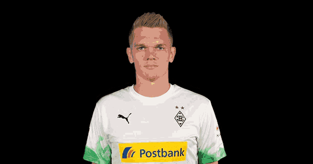 a man is wearing a white shirt with a postbank logo on the front