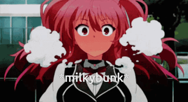 a pink haired anime girl with a speech bubble that says milky bunk on it