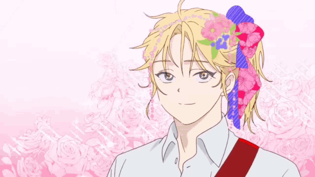 a girl with flowers in her hair is standing in front of a pink background