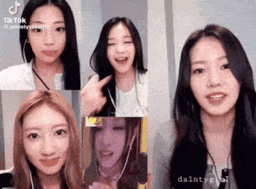 a group of young women are having a video call and one of them is wearing earphones