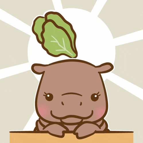 a cartoon drawing of a hippo with a leaf on its head