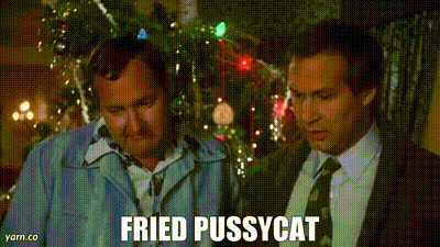 two men are standing next to each other in front of a christmas tree . one of the men is talking about fried pussycat .