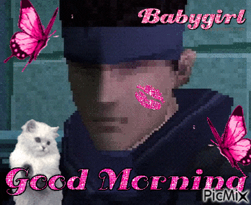 a man with a pink kiss on his face is surrounded by pink butterflies and the words good morning babygirl