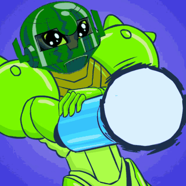 a cartoon drawing of a green robot holding a sphere