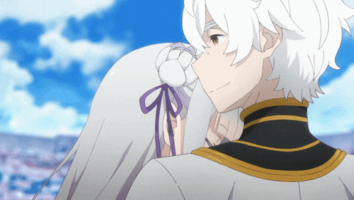 a boy and a girl are hugging each other and the girl has a purple ribbon in her hair