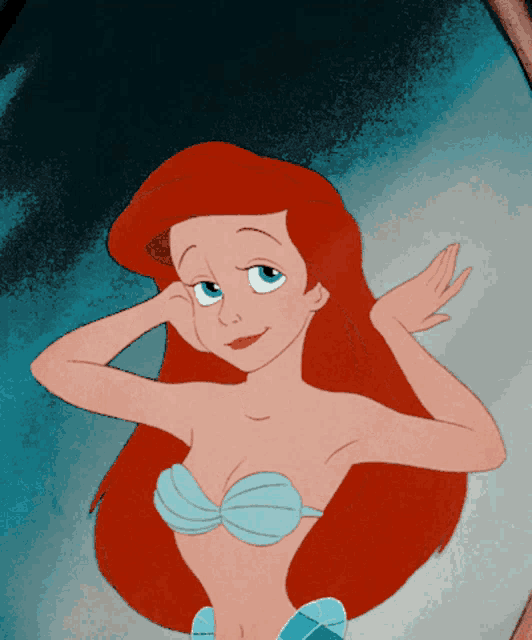 a cartoon of ariel from the little mermaid looking at herself in the mirror