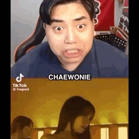 a man is making a funny face next to a picture of a woman with the word chaewonie on it .