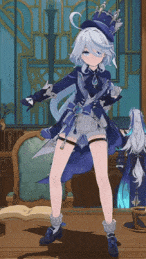 a girl with white hair wearing a blue top hat