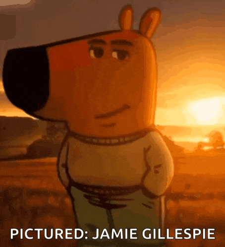 a cartoon character is standing in a field with the words pictured : jamie gillespie below it