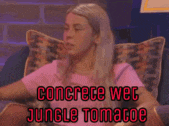 a woman is sitting on a couch with the words concrete wet jungle tomacoe