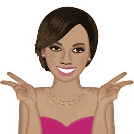a woman in a pink dress is giving a peace sign with her hands .
